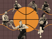 Editorial illustration featuring six NBA players in black-and-white cutouts arranged around a large orange basketball on a grid background.