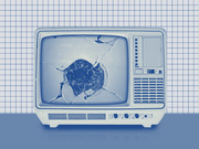 Blue-tinted editorial illustration of a vintage television set with a smashed screen, set against a grid paper background.