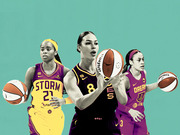 Editorial illustration of three WNBA players in colorful uniforms against a teal background, representing the Seattle Storm, Las Vegas Aces, and Atlanta Dream.