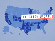 Decorative editorial illustration of a US map in blue tones with wave patterns overlaid on states and an Election Update label.