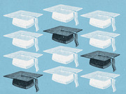 Editorial illustration showing multiple graduation mortarboard caps on a blue background, with most caps in white and a few in dark black.