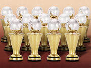 Multiple gold NBA Conference Finals MVP trophies arranged in rows against a gradient pink-to-red background.