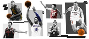 Editorial collage of six college basketball players in grayscale with orange accent highlights, representing teams including Kansas, Auburn, Wisconsin, San Diego State Aztecs, and Iowa.