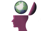 Editorial illustration of a purple human head silhouette with the top open and a globe floating above it, suggesting global thinking or world knowledge.