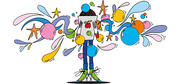 Colorful cartoon illustration of a person holding a box with fruit on it, surrounded by swirling bubbles, stars, and splashes of color.