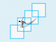 A black-and-white figure of a person leaping upward across a diagonal staircase of blue outlined squares on a light blue background.