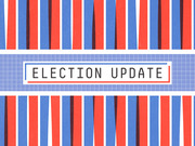 Decorative editorial illustration with red and blue vertical stripes and a central banner reading Election Update, used as a header graphic.