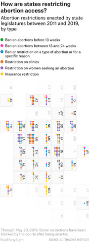Dot-based infographic showing abortion restrictions enacted by state legislatures between 2011 and 2019, categorized by type and displayed by state.