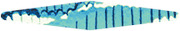 Abstract decorative illustration resembling a stylized fish or leaf shape with blue and teal wave patterns and vertical lines.