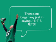 Editorial illustration of a New York Jets fan in green jersey cheering with a speech bubble reading there's no longer any jest in saying J-E-T-S JETS!