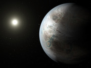 Artist's concept illustration of an Earth-like exoplanet with clouds and landmasses orbiting a distant star in space.
