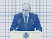 Blue-tinted editorial illustration of a man in a suit speaking at a podium bearing the Russian double-headed eagle emblem, set against a grid background.