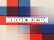 Decorative editorial header graphic with red and blue overlapping squares on a grid background and the text Election Update in a bordered label.