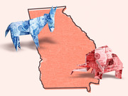 Editorial illustration showing origami Democratic donkey and Republican elephant made from dollar bills flanking a map of Georgia, representing campaign finance in the state.