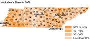 Choropleth map of Tennessee counties showing Mike Huckabee's vote share in the 2008 Republican primary, with counties shaded by percentage range and labeled with specific values.