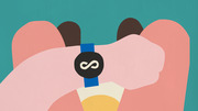 Editorial illustration of two hands holding a fitness tracker with an infinity symbol on its face, against a teal background.