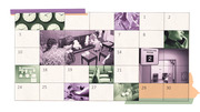 Editorial collage illustration of a monthly calendar with abortion clinic photos embedded in cells, including clocks, waiting rooms, procedure room signs, and pills.