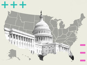Editorial illustration showing the US Capitol building overlaid on a gray silhouette map of the United States, with teal plus signs and pink minus signs as decorative elements.