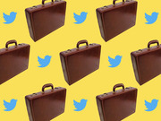 Repeating pattern of brown leather briefcases and blue Twitter bird logos on a yellow background, used as editorial illustration.