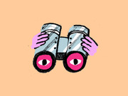 Editorial illustration of binoculars held by purple hands with pink eye lenses containing cartoon eyes, on a peach background.