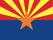 Illustration of the Arizona state flag featuring red and yellow sunrays on a blue field with a central copper star.
