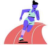 Stylized illustration of a female athlete with a prosthetic leg running on a red track, rendered in purple and teal tones.