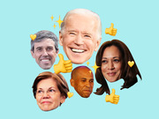 Editorial illustration showing floating heads of five Democratic presidential candidates surrounded by thumbs-up and heart emojis on a teal background.
