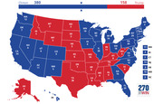 US Electoral College map showing Clinton with 380 electoral votes in blue and Trump with 158 in red, with each state labeled by its electoral vote count.