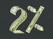 Editorial illustration of the text '2%' formed from folded and rolled US dollar bills against a dark background.
