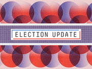 Decorative editorial illustration with overlapping red and blue circles and a central banner reading Election Update, styled with red and blue borders.
