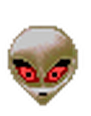 Cartoon illustration of an alien face with grey skin and large red eyes on a small icon-sized image.