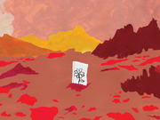 Editorial illustration of a barren red landscape with mountains and a small piece of lined paper showing a hand-drawn flower standing in the foreground.