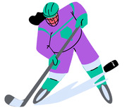 Colorful editorial illustration of a female ice hockey player in purple and teal uniform skating with a stick and puck.