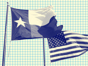 Blue-tinted photo illustration of the Texas state flag and US flag flying together against a grid-patterned background.