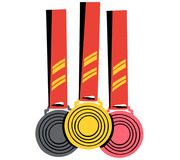 Illustrated editorial graphic showing three Olympic-style medals in gold, silver, and bronze colors hanging from red ribbons with yellow stripes.