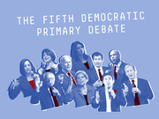 Editorial illustration showing ten Democratic presidential candidates in blue-tinted cutout style under the title The Fifth Democratic Primary Debate.