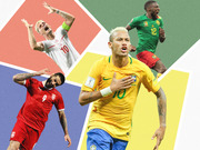 Editorial collage illustration of four soccer players in national team jerseys including Brazil number 10, Serbia number 9, Switzerland number 10, and Cameroon number 12.