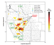 Heat map of the western US showing infrasonic hotspot event density detected by USArray stations in 2007 and 2008, with infrasonic arrays and a 2008 Oregon bolide marked.