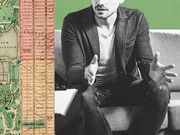 Editorial collage combining a vintage New York City map strip showing Yorkville and Hamilton Square with a black-and-white photo of a gesturing man against a green background.