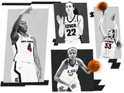 Editorial collage of four women's college basketball players in black-and-white from South Carolina, Iowa, Virginia Tech, and LSU with orange basketballs.