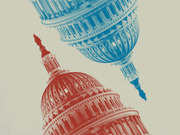 Editorial illustration showing two U.S. Capitol domes, one red and one blue, facing each other to symbolize partisan political division.
