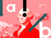 Editorial collage featuring George Washington portrait with city skylines, arrows, and large letters a and b on a pink background.