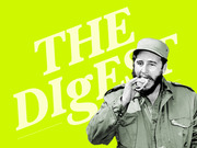 Editorial illustration for FiveThirtyEight's The Digest featuring a black-and-white photo of Fidel Castro on a bright yellow-green background with large stylized text.