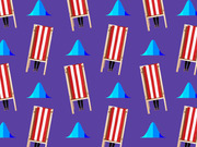 Repeating pattern on purple background showing red-and-white striped voting booths with a person's legs visible beneath, alternating with cyan bell curve distribution graphics.