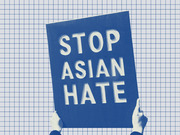 Blue-toned editorial illustration of hands holding a protest sign reading Stop Asian Hate against a grid paper background.