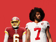 Editorial illustration showing two NFL quarterbacks in uniform against a red background, one in a Washington Redskins jersey number 6 and one in a San Francisco 49ers jersey number 7.