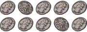 Ten illustrated quarters arranged in two rows, with most showing heads and two showing tails, used to represent coin flip probabilities.