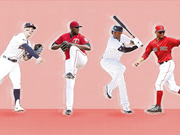 Editorial illustration of four MLB baseball players in action poses representing the Astros, Twins, Yankees, and Red Sox on a pink background.