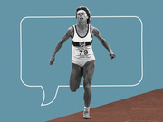 Editorial illustration of a black-and-white vintage photo of a runner wearing bib number 79 at Goldenes Oval Dresden 1986, overlaid on a teal background with a speech bubble outline.