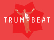 Red editorial illustration for FiveThirtyEight's Trumpbeat series showing a figure with arms raised against a star shape with the word TRUMPBEAT in large white letters.